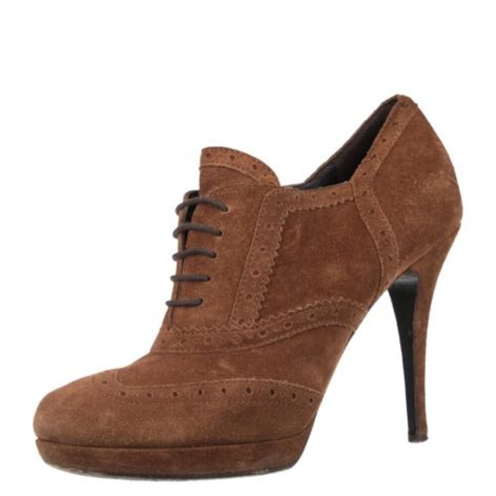 YSL Yves Saint Laurent Genuine Suede Leather Platform Oxford Laced Heels Booties - Picture 2 of 11